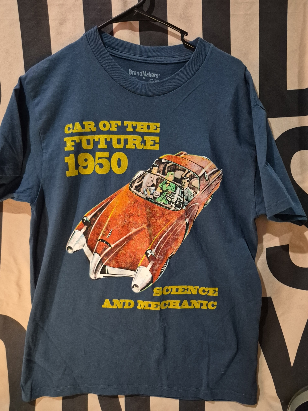 BrandMakers Men's Short-Sleeve Graphic Tee - Blue with Orange Car Print